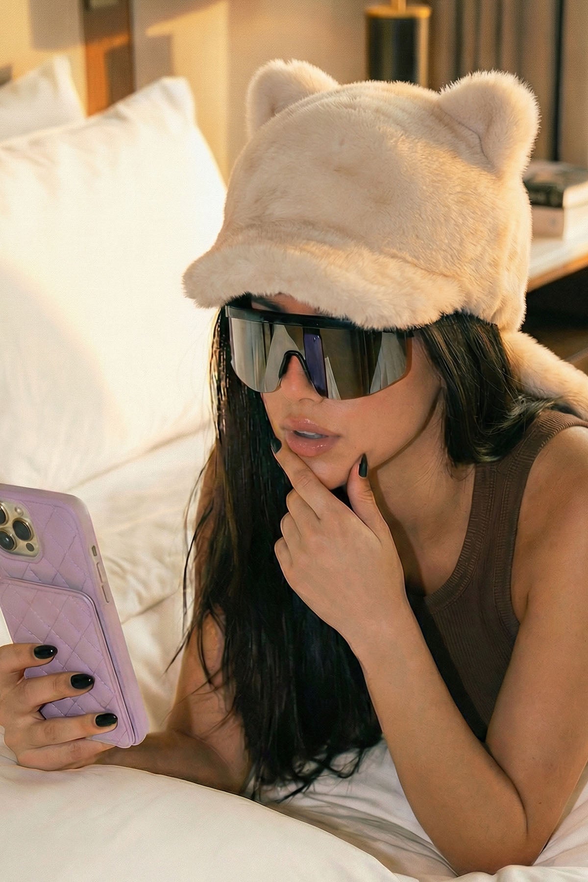 Off white Plush Cat Ears Hat