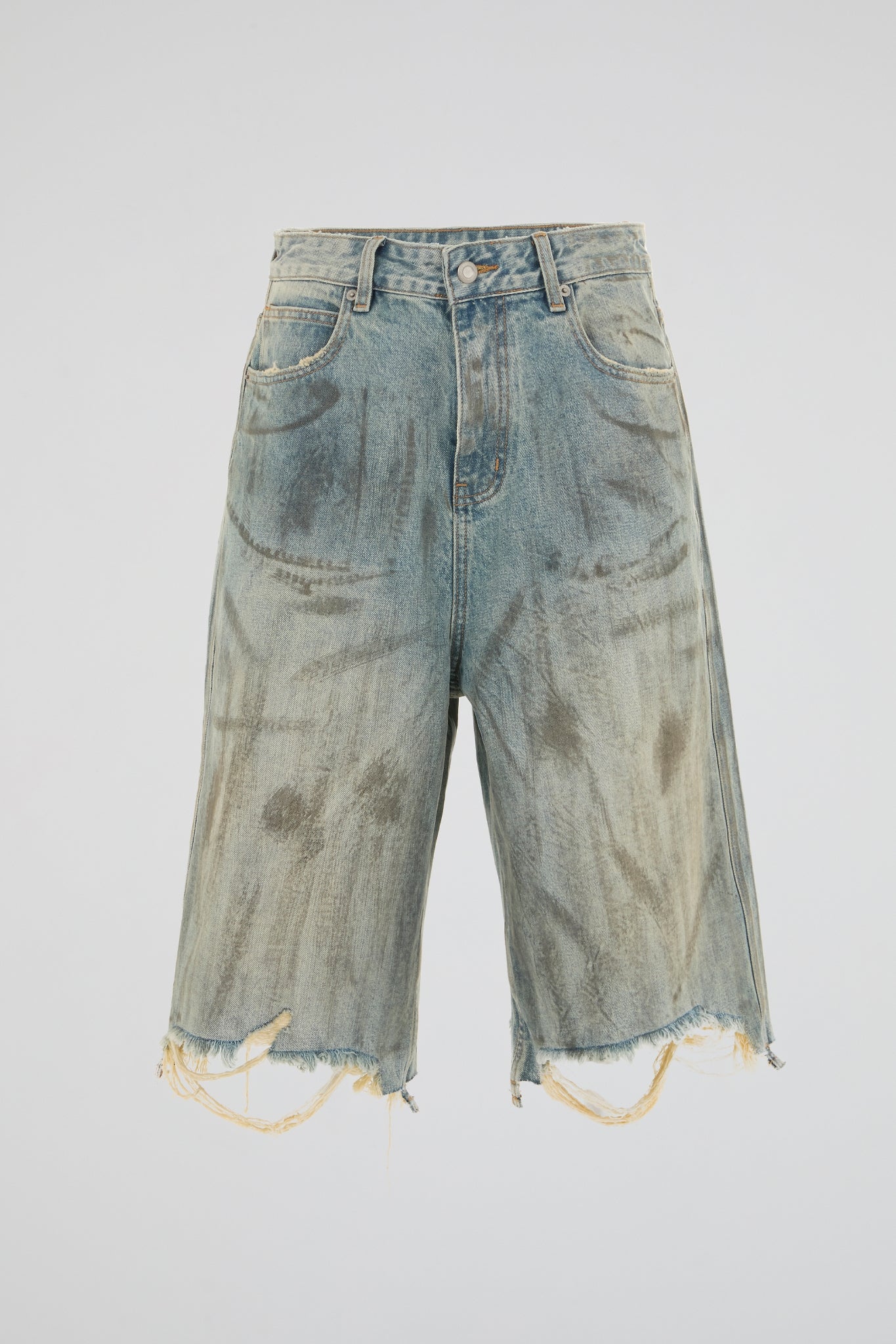 DENIM - RIPPED & WASHED DENIM LONG SHORTS