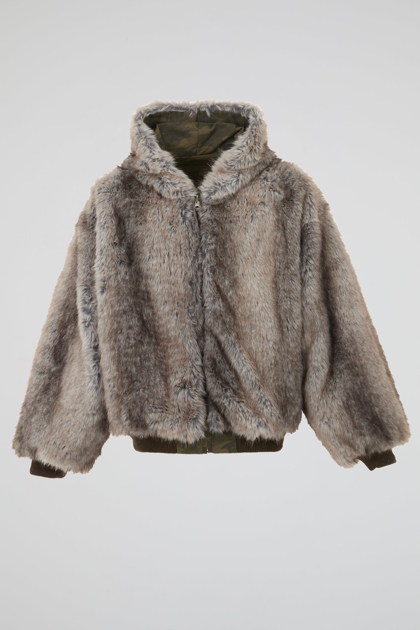 DUMIST - BEIGE FAUX FUR HOODED ZIP JACKET CAMO REVERSIBLE