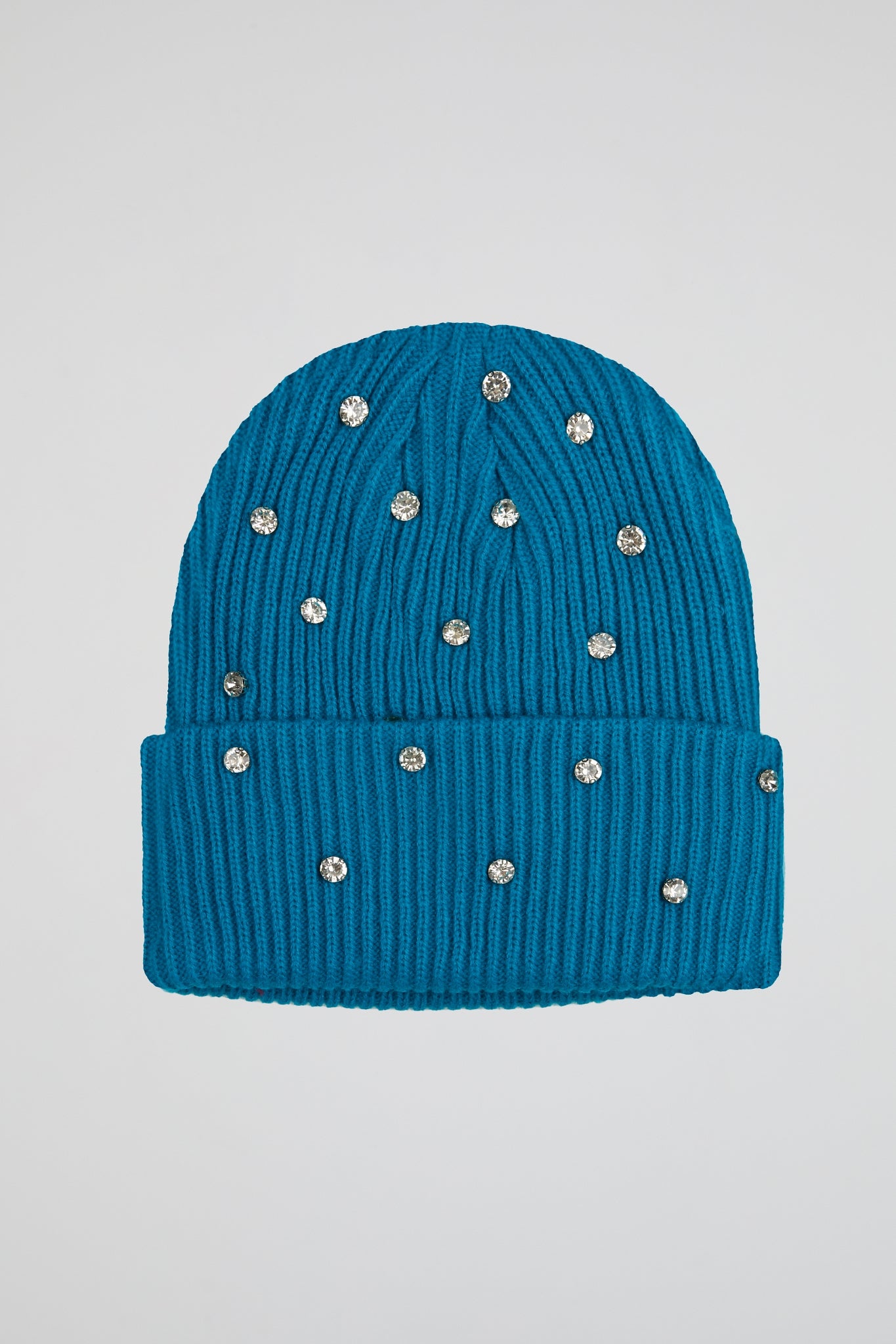 Rhinestone turquoise blue lined beanie