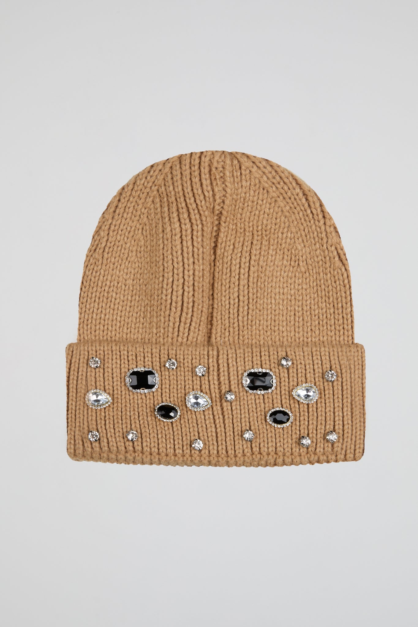 Ribbed Knit Pearls Brown Beanie