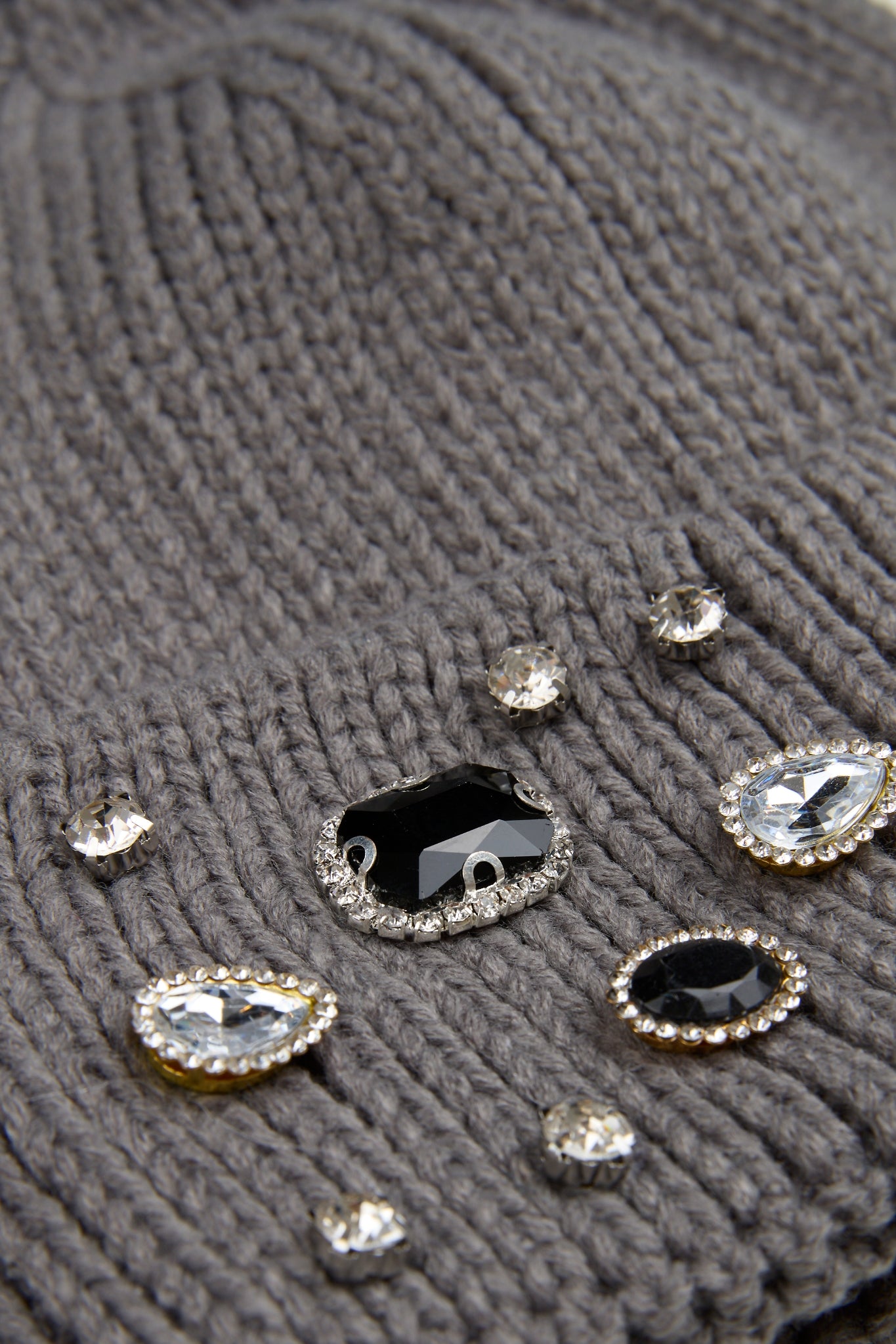 Ribbed Knit Pearls Dark Grey Beanie