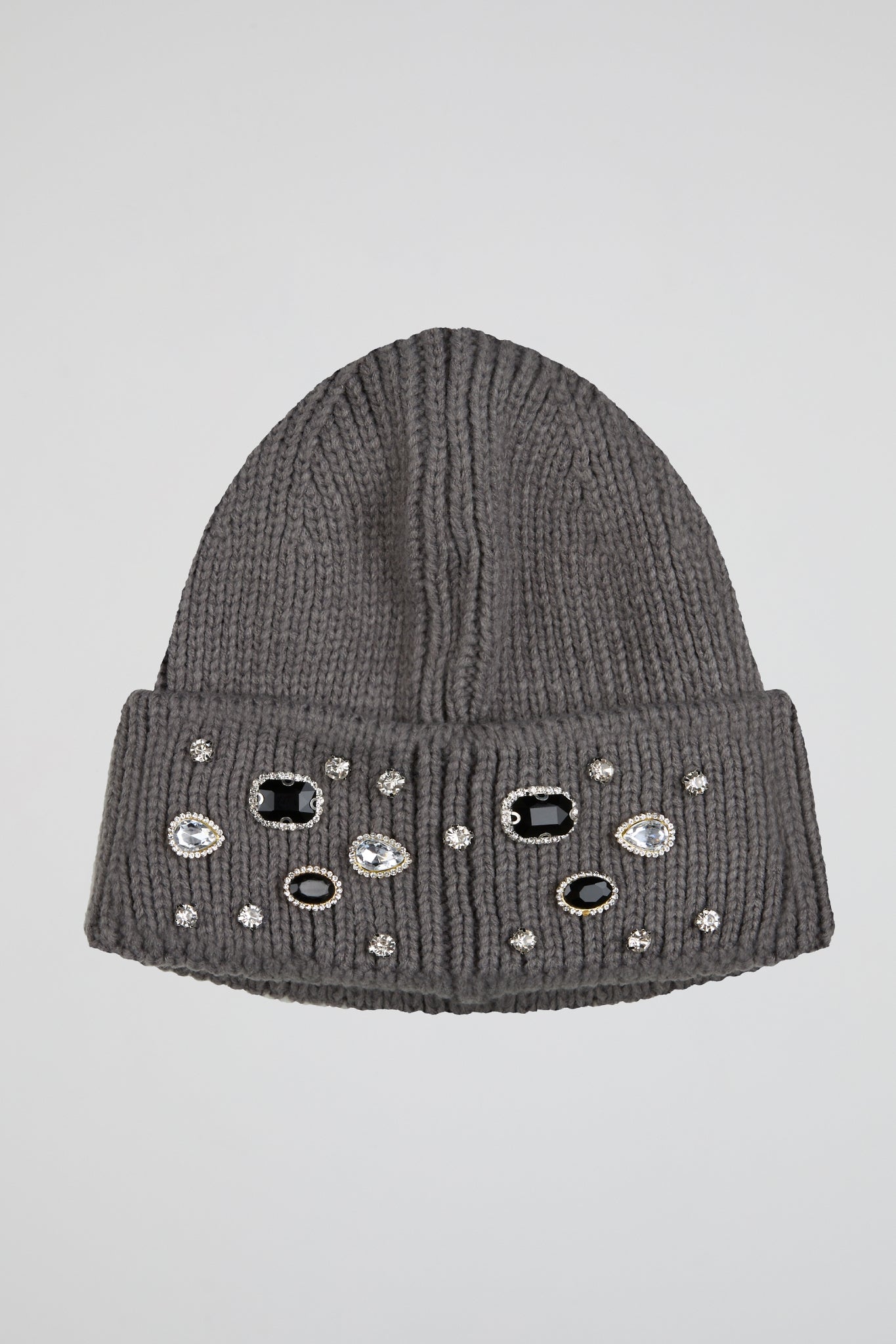Ribbed Knit Pearls Dark Grey Beanie