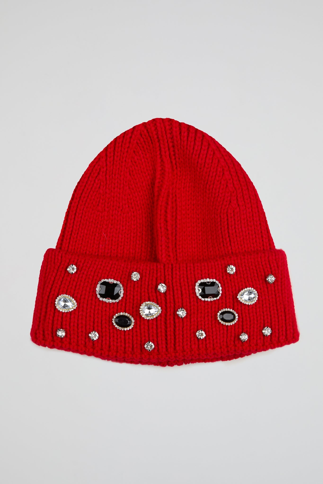 Ribbed Knit Pearls Red Beanie