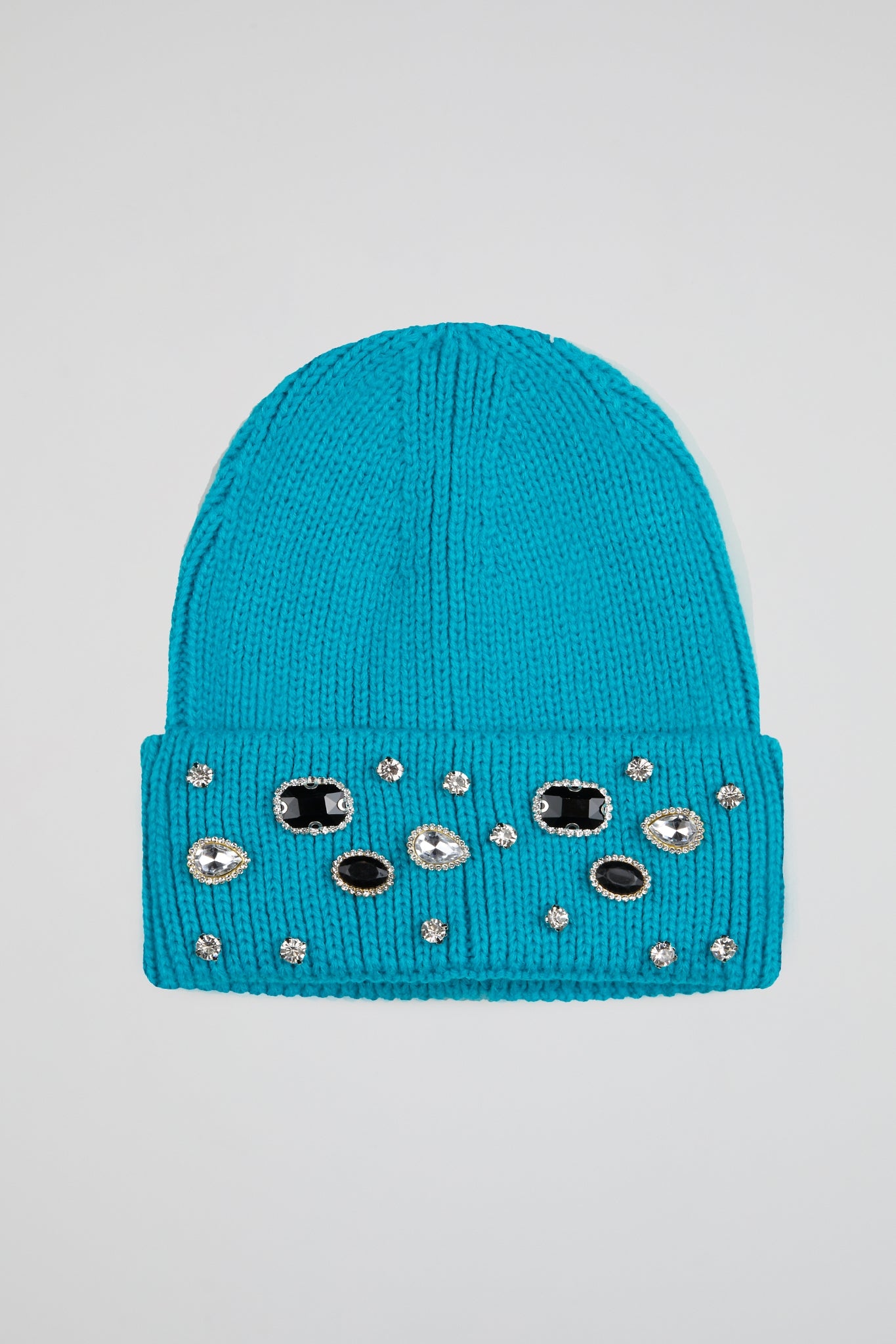Ribbed Knit Pearls Turquoise blue Beanie