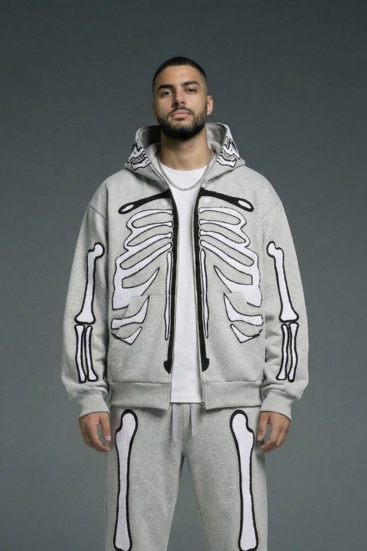 BHYPE GREY & WHITE SKELETON CHENILLE ZIP HOODIE