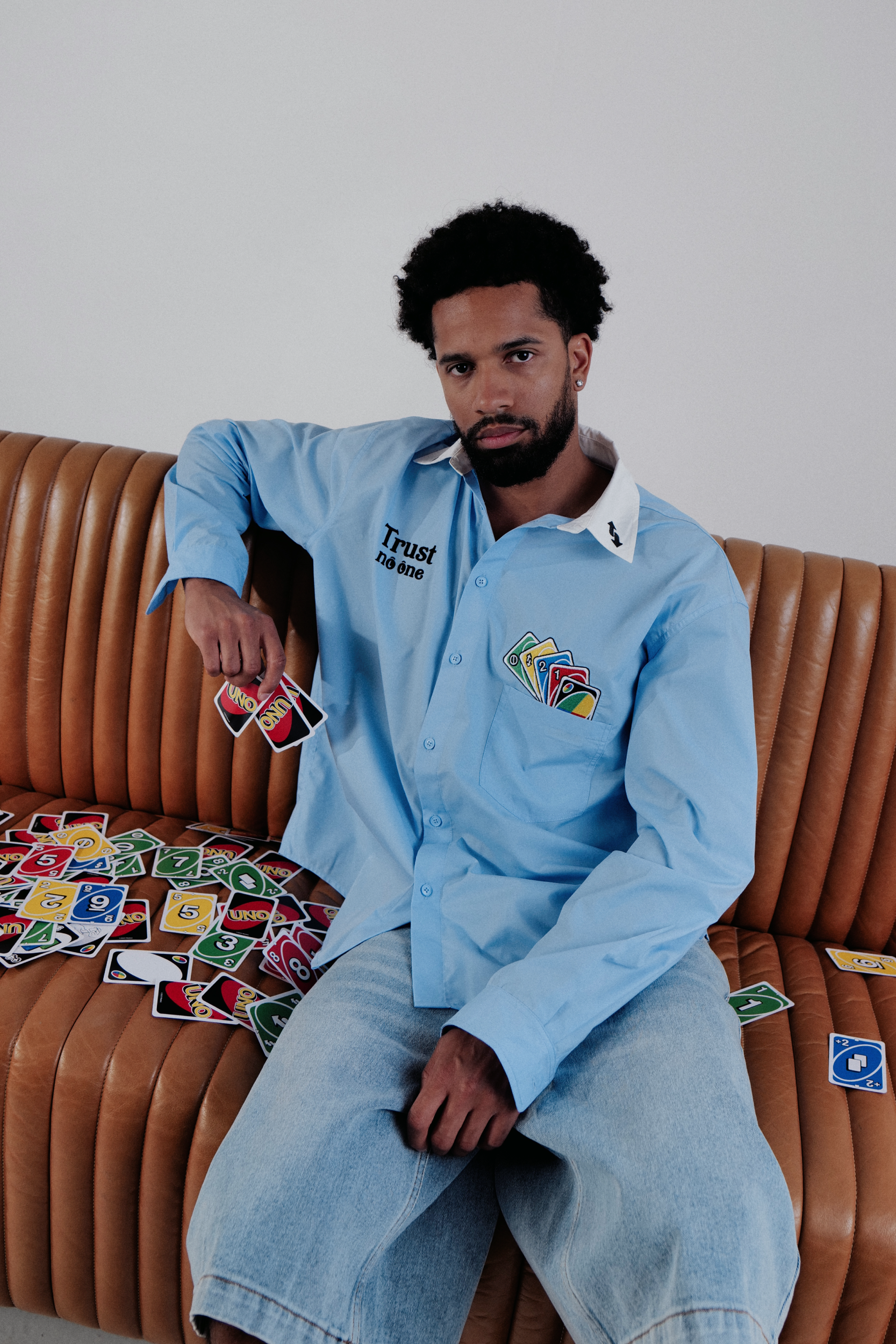 BHYPE x UNO® Trust No One Blue Embroidered Shirt