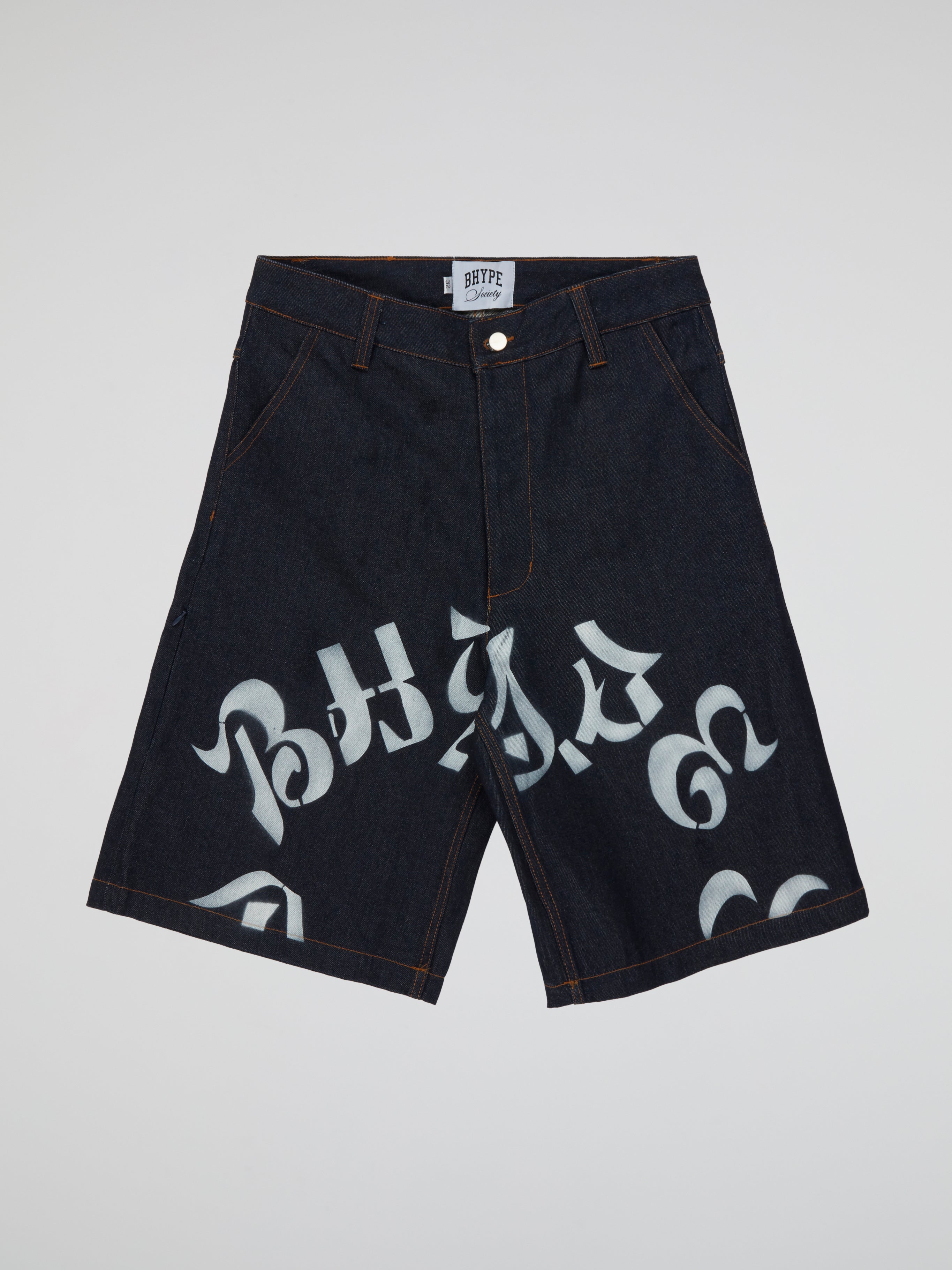 BHYPE SOCIETY RAW BLUE DENIM SHORTS - REVERSE LOGO