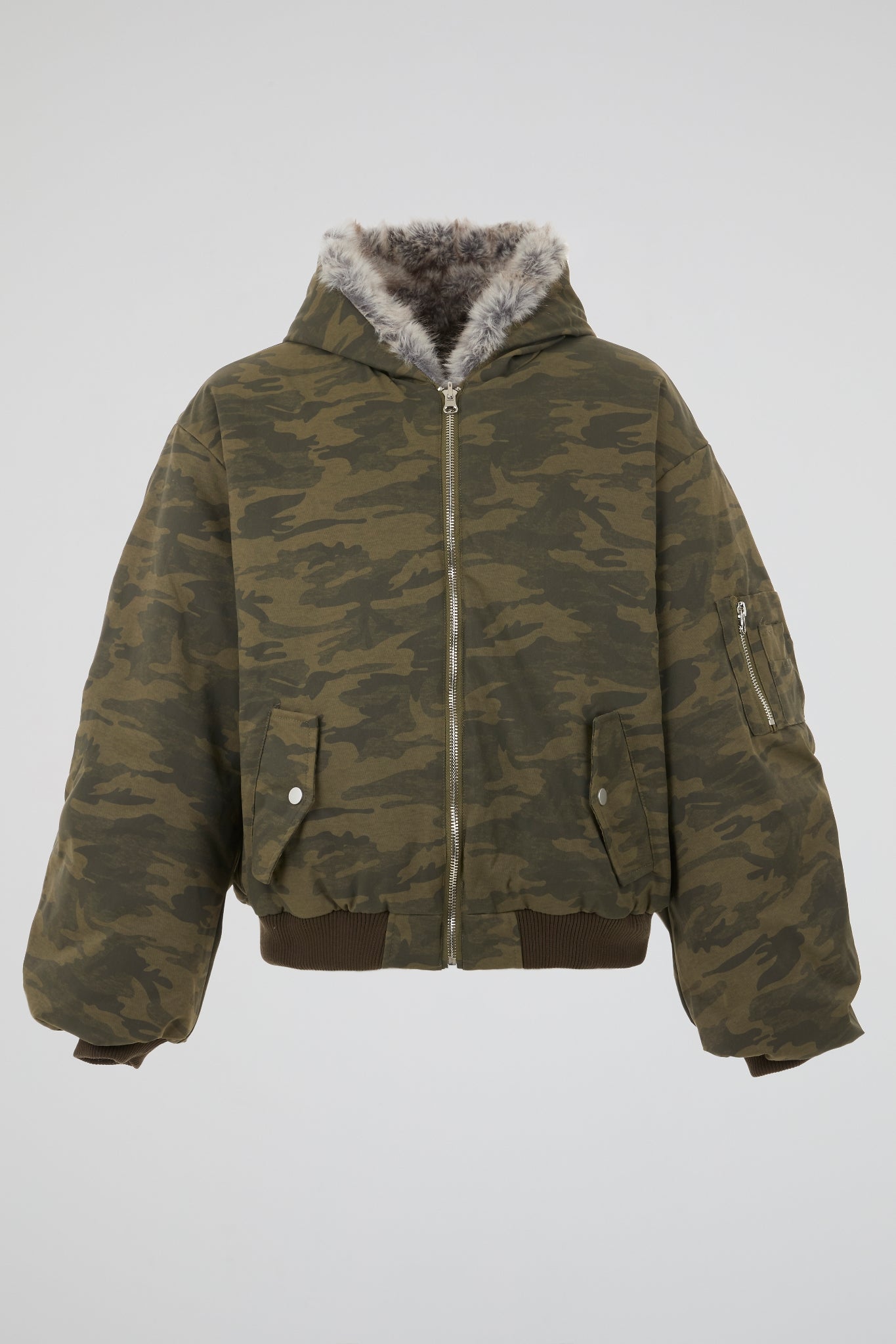 DUMIST - BEIGE FAUX FUR HOODED ZIP JACKET CAMO REVERSIBLE