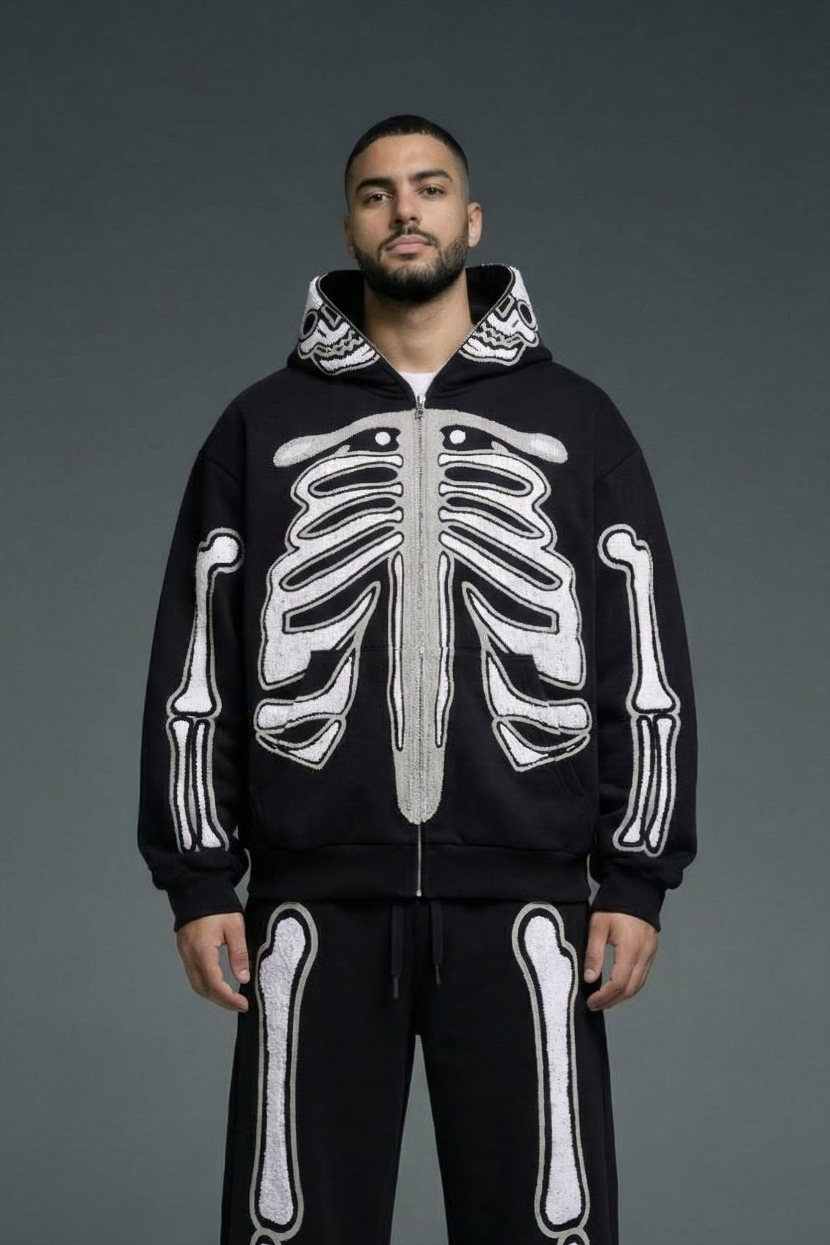 BHYPE BLACK & WHITE SKELETON CHENILLE ZIP HOODIE