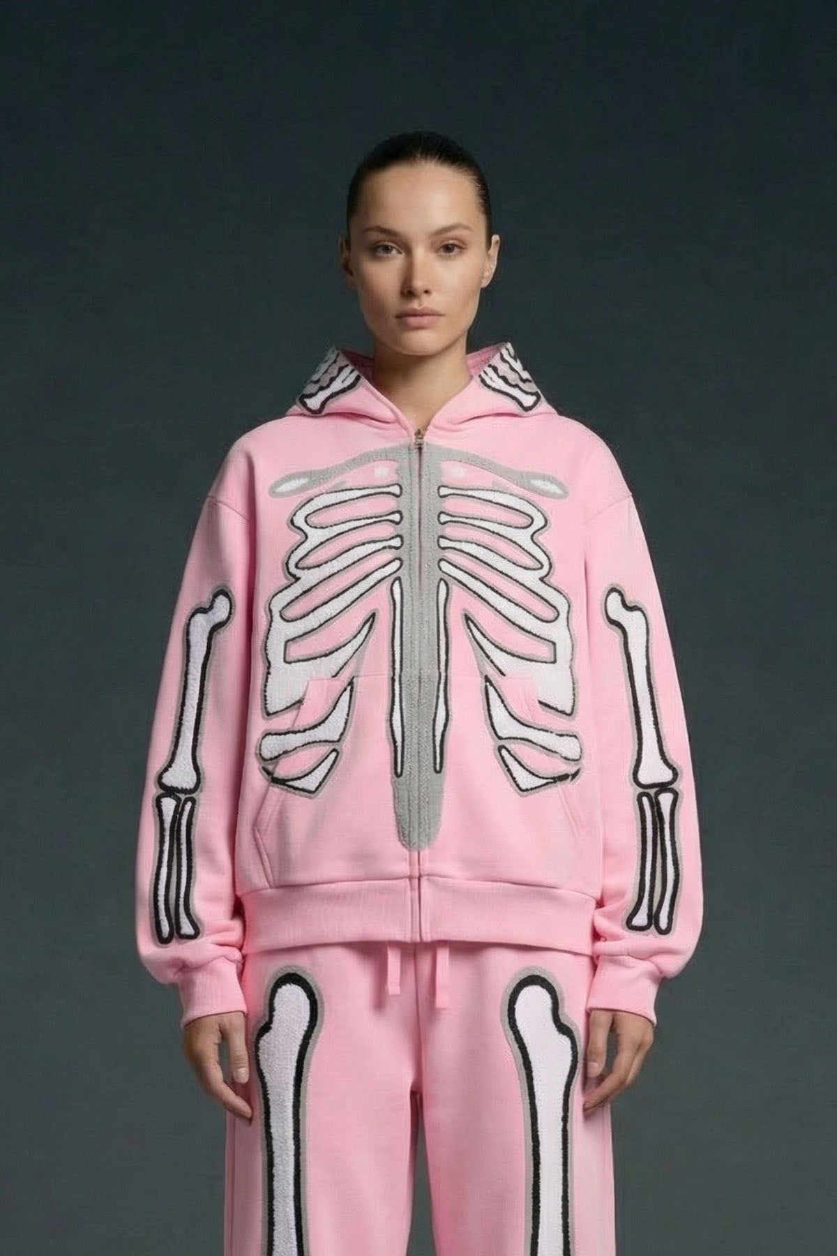 BHYPE PINK & WHITE SKELETON CHENILLE ZIP HOODIE
