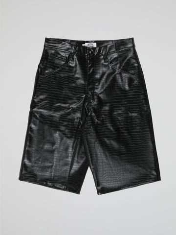 BHYPE SOCIETY BLACK BAGGY CROCO LEATHER SHORTS